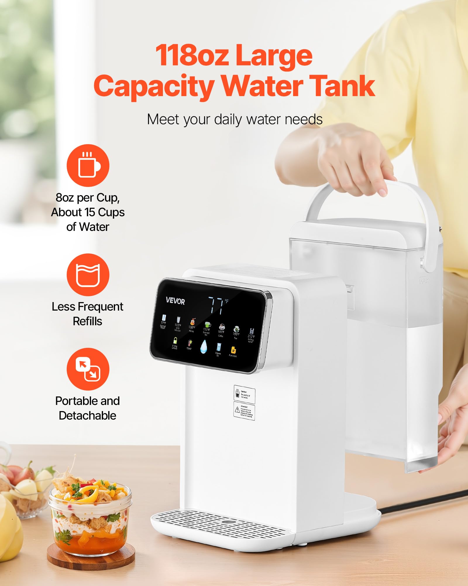 VEVOR Instant Hot Water Dispenser, Countertop Boiling Water Dispenser with Adjustable 7 Temperatures & 7 Water Volumes, 118oz Re
